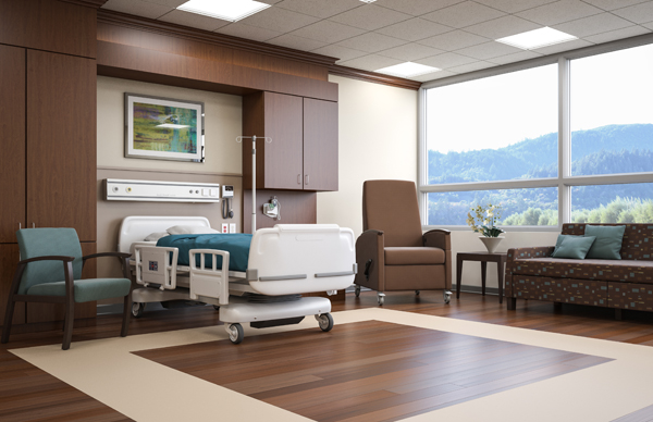 EV Patient Transfer Arm Mobile Healthcare Recliner shown in hopsital room
